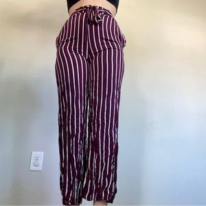 Maroon and navy and white striped pants with tie